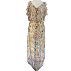 Chico’s Paisley Maxi Dress Size M Cold Shoulder Blouson Multicolor Lined Slit